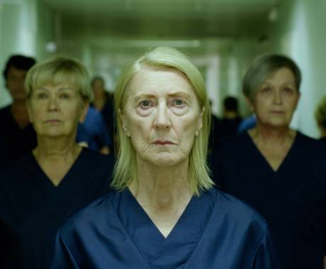 Skupina zdravotních sester hledících dopředu, v popředí stojí blond žena